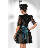 Vierteiliges Satin-Dirndl in schwarz/türkis mit Pfauenaugen-Muster