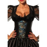 Vierteiliges Satin-Dirndl in schwarz/türkis mit Pfauenaugen-Muster