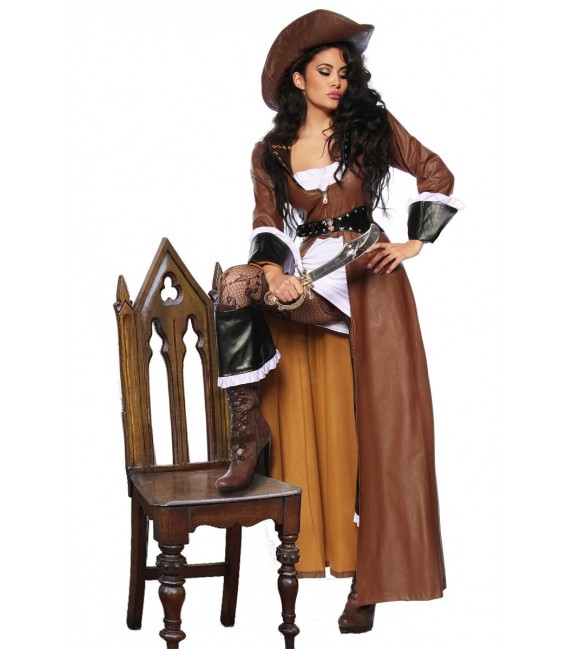 klassisches achtteiliges Piratenkostüm, bestehend aus Mantel, Kleid, Hut, 1 Paar Stiefelstulpen, Gürtel und Säbel