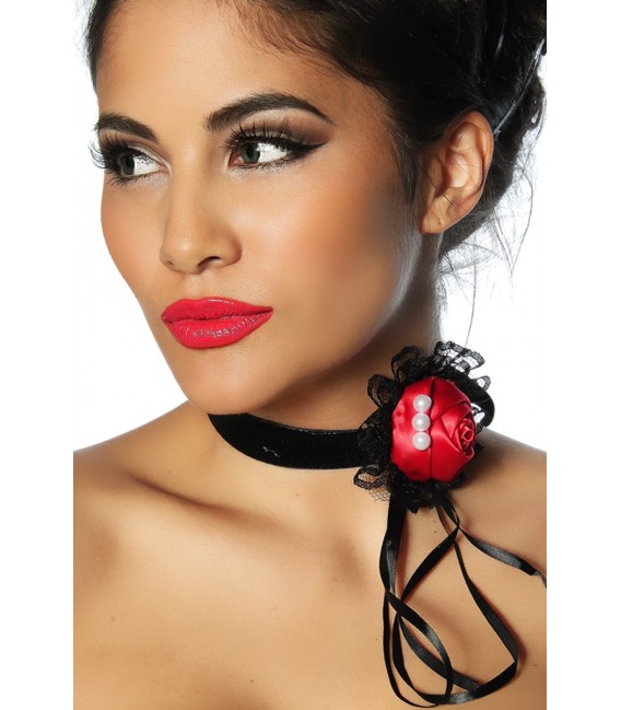 Halsband rot/schwarz mit Satin-Stoffrose und Perlen