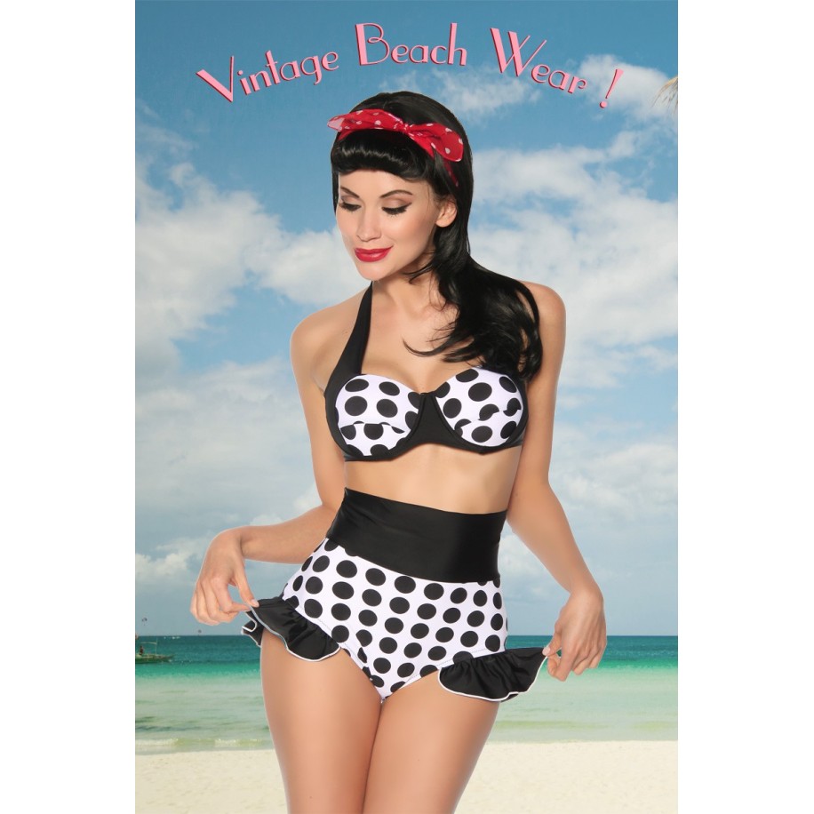 Vintage-Push-Up-Bikini weiß/schwarz