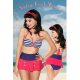 Vintage-Bandeau-Bikini blau/rot/weiß