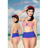 Vintage-Bandeau-Bikini blau/rot/weiß