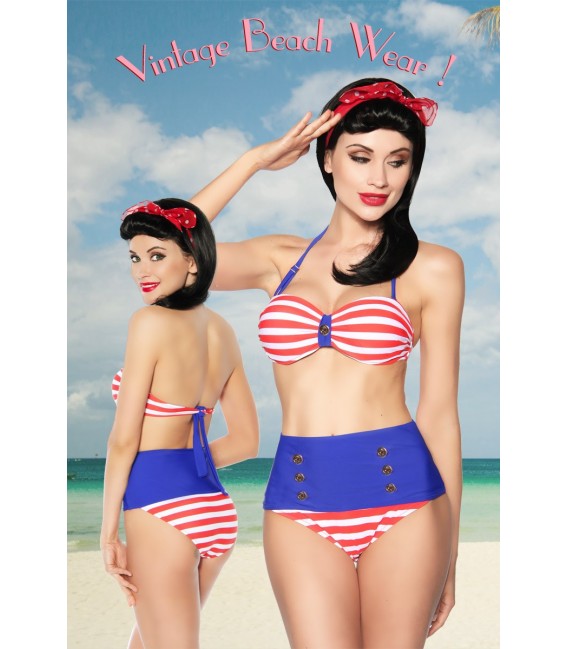 Vintage-Bandeau-Bikini blau/rot/weiß