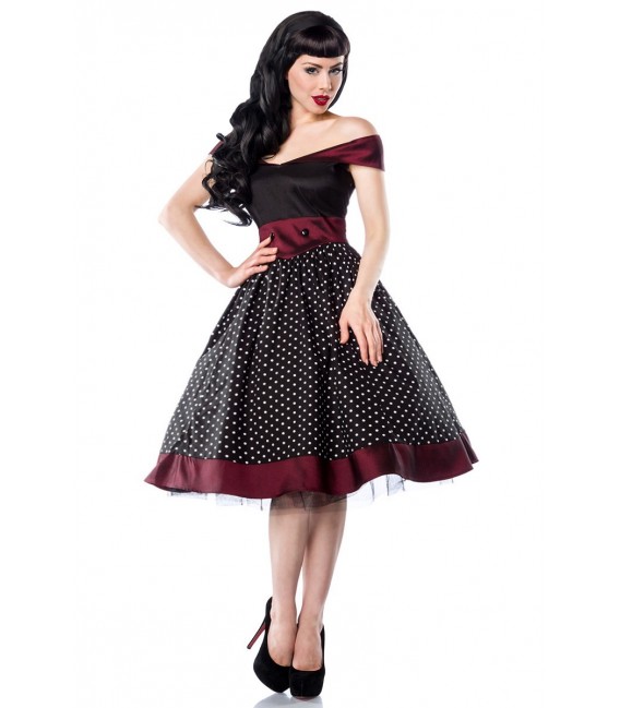 Rockabilly-Kleid in schwarz-burgund mit Polka Dots und Carmen-Ausschnitt