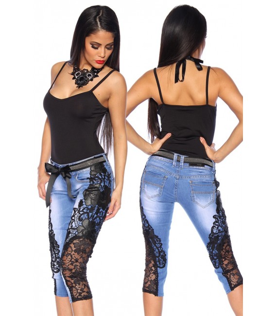 Capri-Jeans mit Spitze blau/schwarz