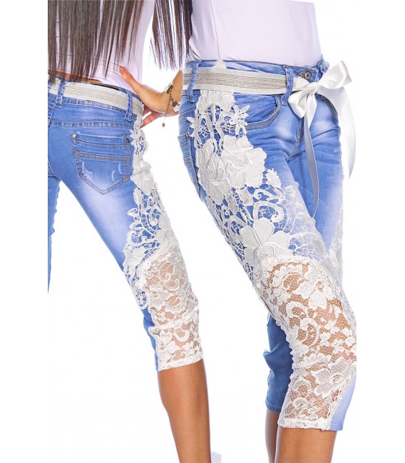 Capri-Jeans mit Spitze blau/creme
