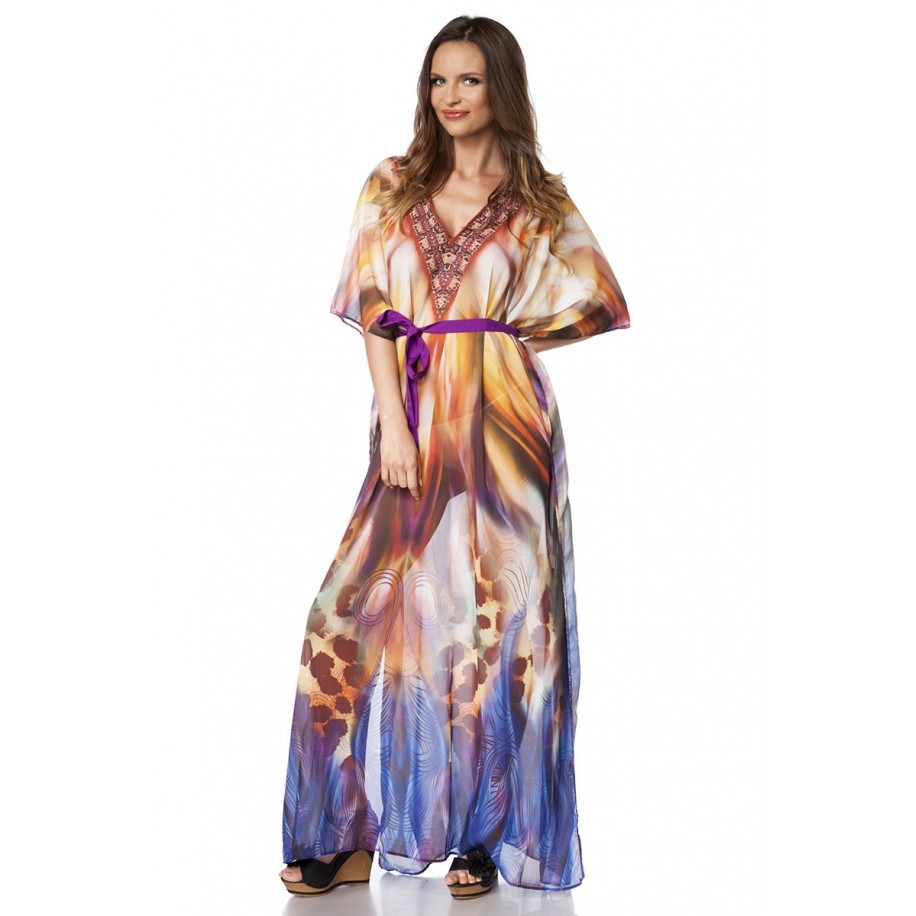 langer Kaftan mit Gürtelband orange/lila/blau