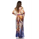 langer Kaftan mit Gürtelband orange/lila/blau