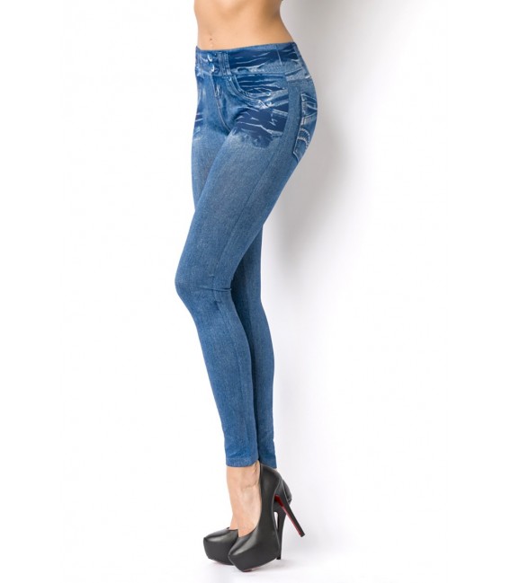 Leggings im Jeans Look mit aufgedruckten Taschen und Patches