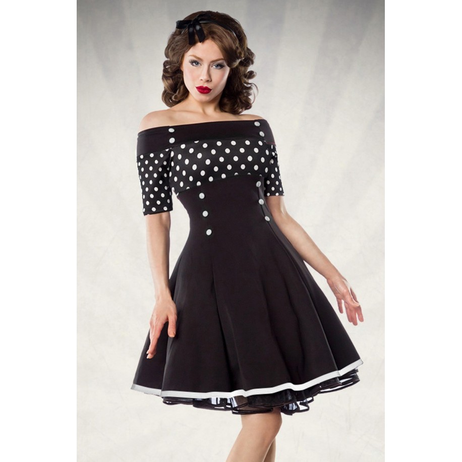 schulterfreies Vintage-Kleid - Retrokleid von Belsira mit kurzem Arm und ausgestelltem Rockteil schwarz/weiß/dots