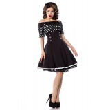 schulterfreies Vintage-Kleid - Retrokleid von Belsira mit kurzem Arm und ausgestelltem Rockteil schwarz/weiß/dots