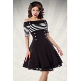 schulterfreies Vintage-Kleid - Retrokleid von Belsira mit kurzem Arm und ausgestelltem Rockteil schwarz/weiß/stripe