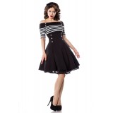 schulterfreies Vintage-Kleid - Retrokleid von Belsira mit kurzem Arm und ausgestelltem Rockteil schwarz/weiß/stripe