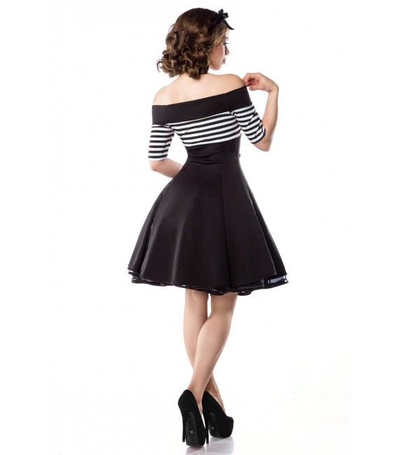 schulterfreies Vintage-Kleid - Retrokleid von Belsira mit kurzem Arm und ausgestelltem Rockteil schwarz/weiß/stripe
