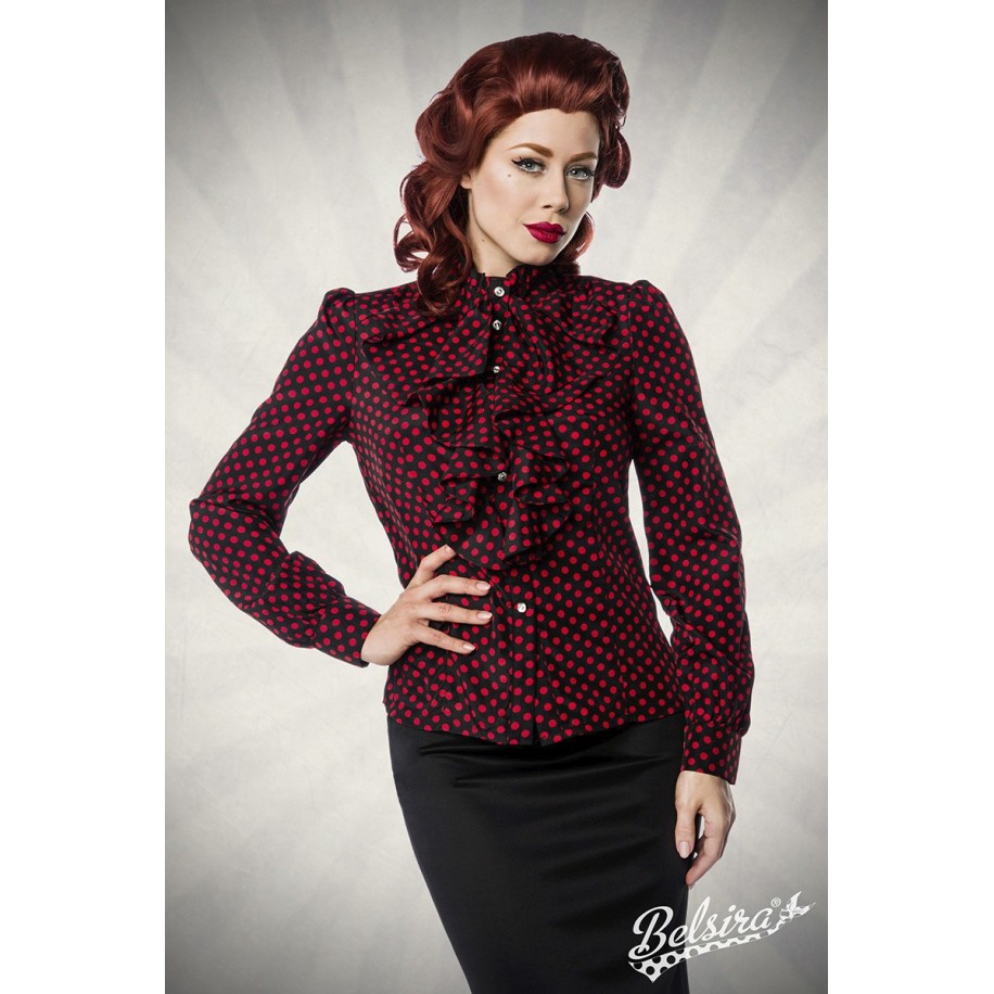 Rüschen Bluse von Belsira im trendigen Retro Look, der Rüschenkragen ist mit Jabot schwarz/rot