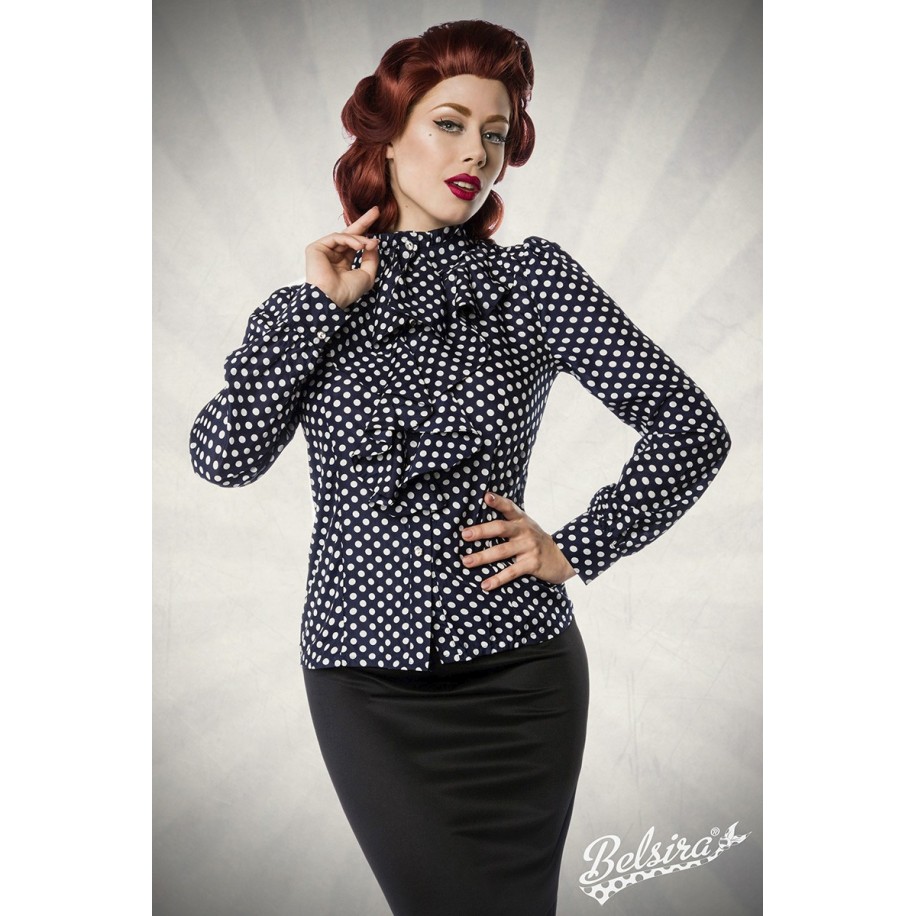 Rüschen Bluse von Belsira im trendigen Retro Look, der Rüschenkragen ist mit Jabot blau/weiß