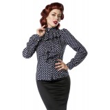 Rüschen Bluse von Belsira im trendigen Retro Look, der Rüschenkragen ist mit Jabot blau/weiß