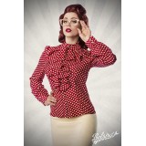 Rüschen Bluse von Belsira im trendigen Retro Look, der Rüschenkragen ist mit Jabot rot/beige