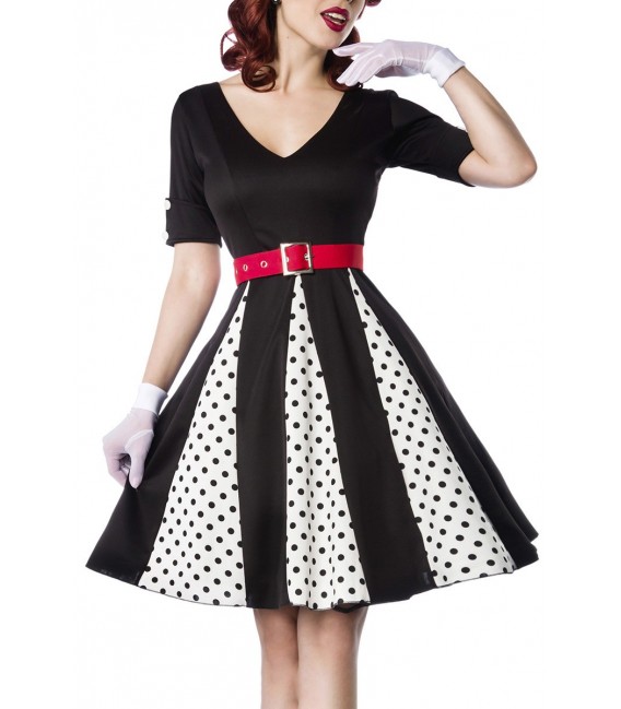 Godet-Kleid mit V-Ausschnitt von Belsira mit Jersey-Gürtel weiß/schwarz/rot