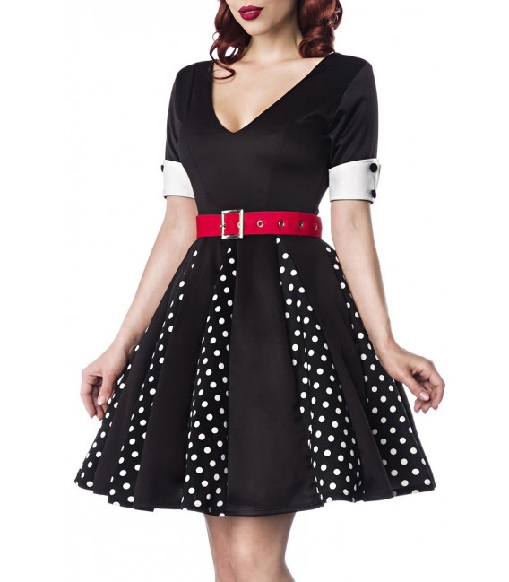 Godet-Kleid mit V-Ausschnitt von Belsira mit Jersey-Gürtel schwarz/weiß/rot