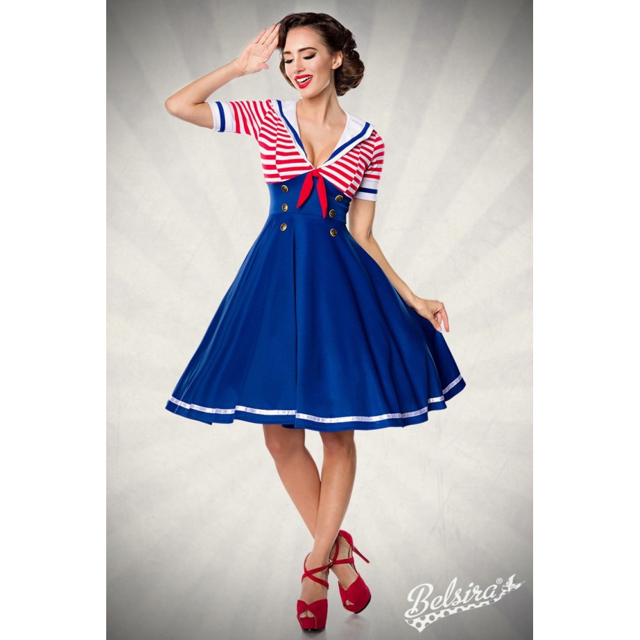 Swing-Kleid im Marinelook von Belsira  mit Ankermotiv, kurze Ärmelchen und einen Matrosenkragen