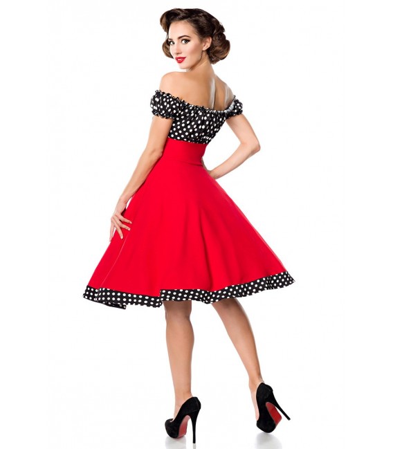 Schulterfreies Swing-Kleid mit Tellerrock von Belsira rot/schwarz/weiß