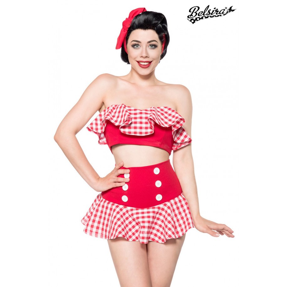 Retro-Set von Belsira besteht aus einem bauchfreien Top mit Volant und einem Highwaist-Röckchen rot/weiß