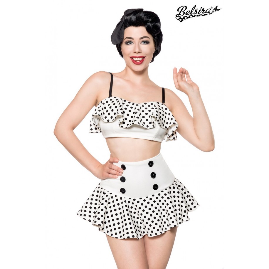 Retro-Set von Belsira besteht aus einem bauchfreien Top mit Volant und einem Highwaist-Röckchen weiß/schwarz