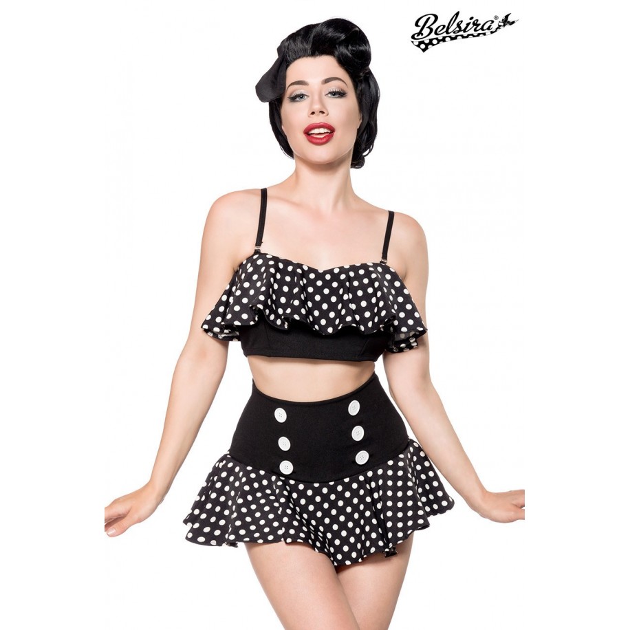 Retro-Set von Belsira besteht aus einem bauchfreien Top mit Volant und einem Highwaist-Röckchen schwarz/weiß