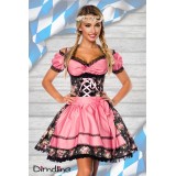 Premium Bluse & Dirndl von Dirndline aus edlem Denim mit Rosenprint und ausgestelltem Rockteil schwarz/rosa