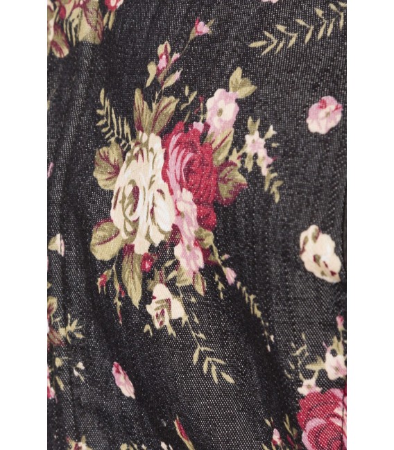 Premium Bluse & Dirndl von Dirndline aus edlem Denim mit Rosenprint und ausgestelltem Rockteil schwarz/rosa
