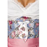 Premium Bluse & Dirndl von Dirndline aus edlem Denim mit Rosenprint und ausgestelltem Rockteil blau/rosa/weiß