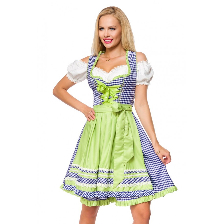 Karodirndl von Dirndline mit herzförmigem Ausschnitt, kontrastierende Rüschen und Paspelierung blau