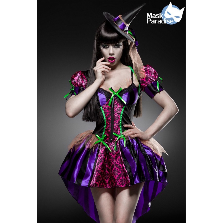 Hexen-Kostüm Sexy Witch Komplettset von Mask Paradise - Kleid mit ausgestellten Rock, einem Bolero, dem Hexen-Hut sowie einem St