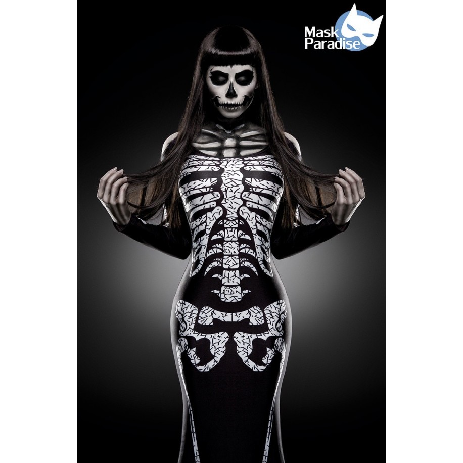 Skeleton Lady Kostüm, ein sexy Maxikleid mit Skelett-Print