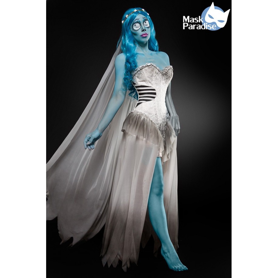 Corpse Bride Kostüm Komplettset von Mask Paradise besteht aus einem Corsagenkleid mit herzförmigem Dekolleté, einem Blumenhaarba