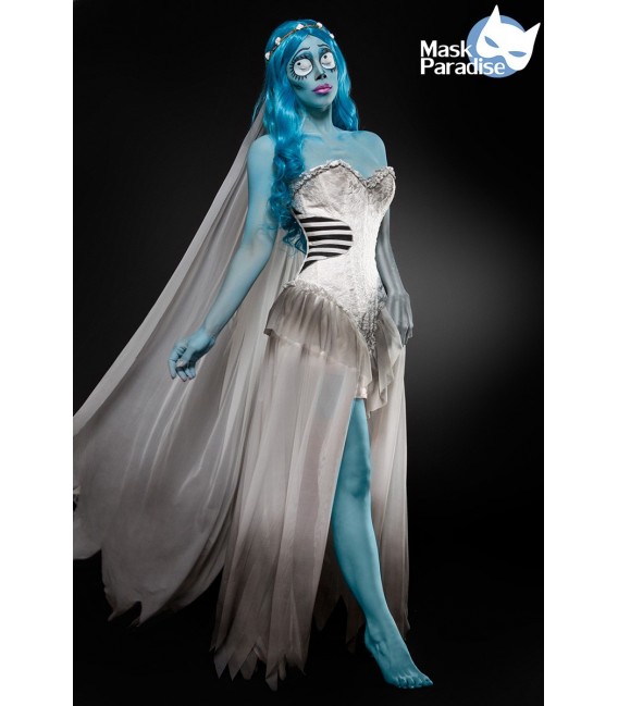 Corpse Bride Kostüm Komplettset von Mask Paradise besteht aus einem Corsagenkleid mit herzförmigem Dekolleté, einem Blumenhaarba