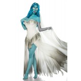 Corpse Bride Kostüm Komplettset von Mask Paradise besteht aus einem Corsagenkleid mit herzförmigem Dekolleté, einem Blumenhaarba