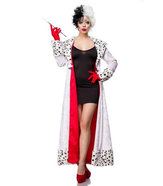 Dreiteiliges Evil Dalmatian Lady Kostümset von Mask Paradise besteht aus einem Minikleid, Mantel und langen Handschuhen