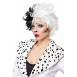 Dreiteiliges Evil Dalmatian Lady Kostümset von Mask Paradise besteht aus einem Minikleid, Mantel und langen Handschuhen