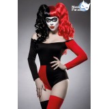 Harley-Kostüm: Crazy Harley von Mask Paradise besteht aus einem zweifarbiger Catsuit mit schulterfreiem Ausschnitt und Beinstulp