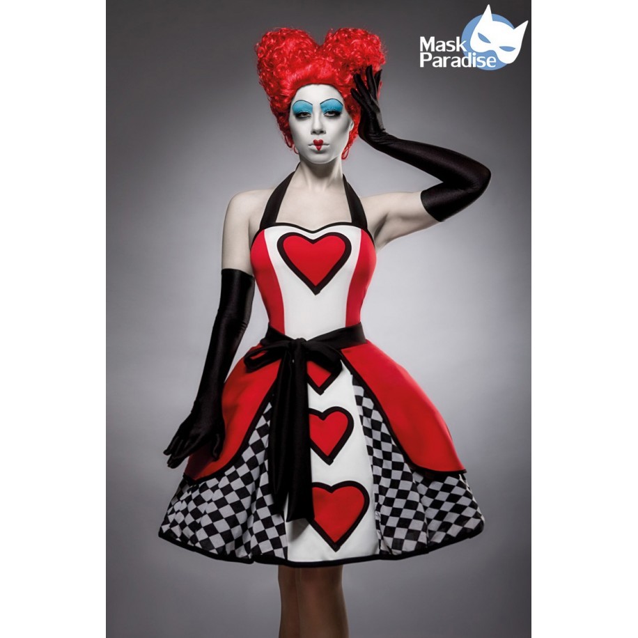 Queen of Hearts Kostümset von Mask Paradise mit stilechtem Herzmuster und ausgestelltem Rockteil