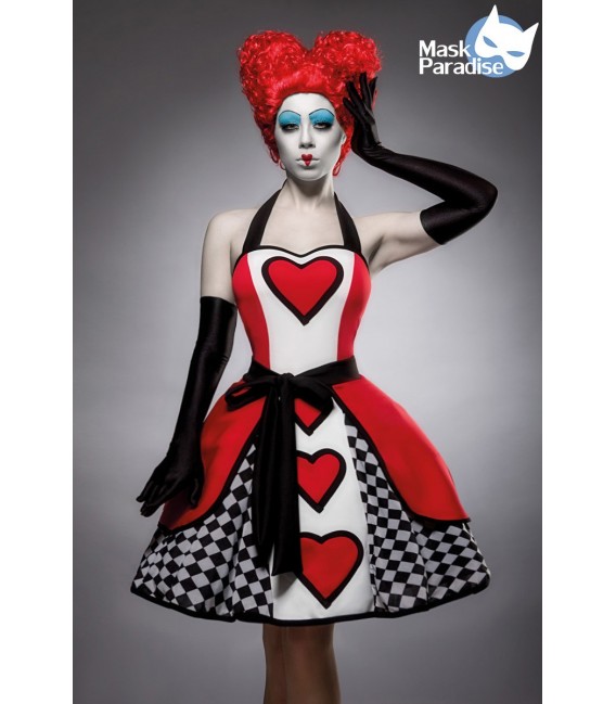 Queen of Hearts Kostümset von Mask Paradise mit stilechtem Herzmuster und ausgestelltem Rockteil