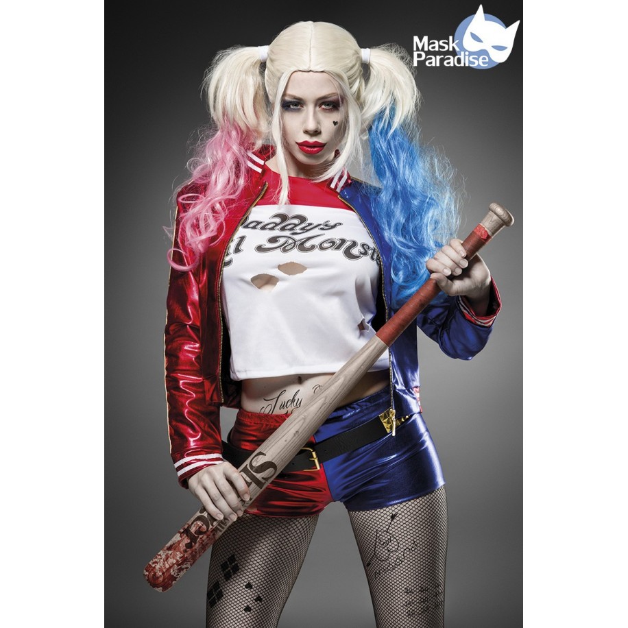 Suicide Harley Kostümset von Mask Paradise, es besteht aus einer Blouson Jacke, einem Longsleeve,der Shorts, einer Netzstrumpfho