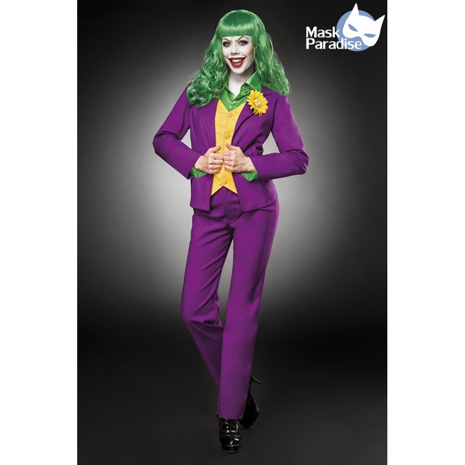  Lady Joker Kostümset von Mask Paradise, bestehend aus einem Blazer mit Weste, einer langärmligen Satinbluse und einer Hose