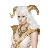 Feenkostüm Fantasykostüm - Golden Fairy Kostümset von Mask Paradise, besteht aus Kleid, Haarreif mit Widderhörnern und Kette