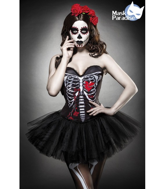 Day of the Dead Kostüm - Skull Senorita Kostümset von Mask Paradise mit elastischer Corsage, Tuturöckchen, Strumpfhose und Rosen