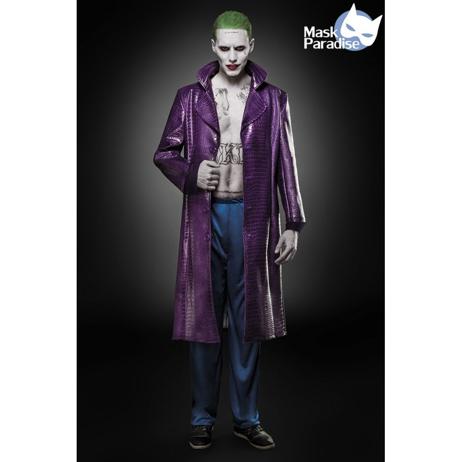 Filmfigur Suicide Joker Herren Kostüm von Mask Paradise, besteht aus einem langem Mantel in Krokoleder-Optik und lässiger Hose