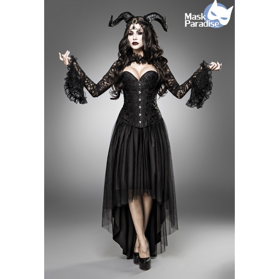 Dämonenkostüm - Gothic Queen Kostümset von Mask Paradise, bestehend aus Hörnern, Kopfschmuck, Bolero, Corsage und Rock